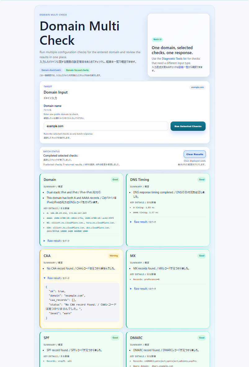 Domain Multi Checkの実行結果画面。example.comを入力し、Domain、DNS Timing、CAA、MX、SPF、DMARC、TLS、HTTP/2などの結果がGood / Warningの状態別にカード表示されている。